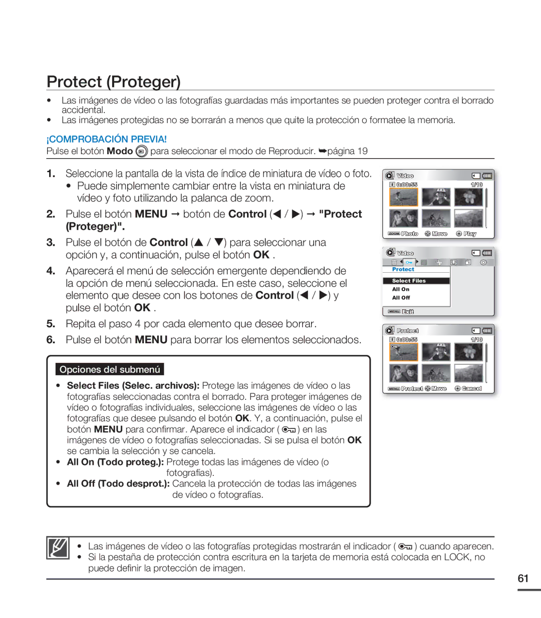 Samsung SMX-C20LP/EDC, SMX-C200LP/EDC, SMX-C20RP/EDC manual Protect Proteger, Pulse el botón Menu botón de Control / Protect 