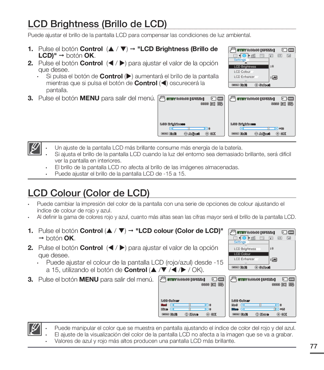 Samsung SMX-C20LP/EDC manual LCD Brightness Brillo de LCD, LCD Colour Color de LCD, LCD botón OK, LCD colour Color de LCD 