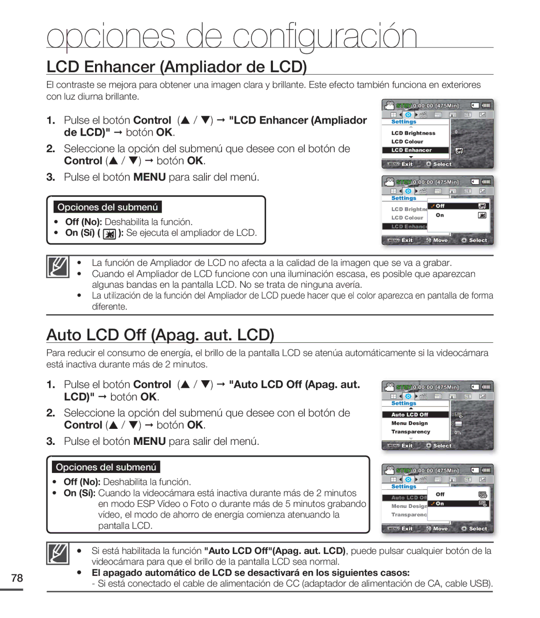 Samsung SMX-C200LP/EDC, SMX-C20RP/EDC, SMX-C20LN/XAA manual LCD Enhancer Ampliador de LCD, Auto LCD Off Apag. aut. LCD 