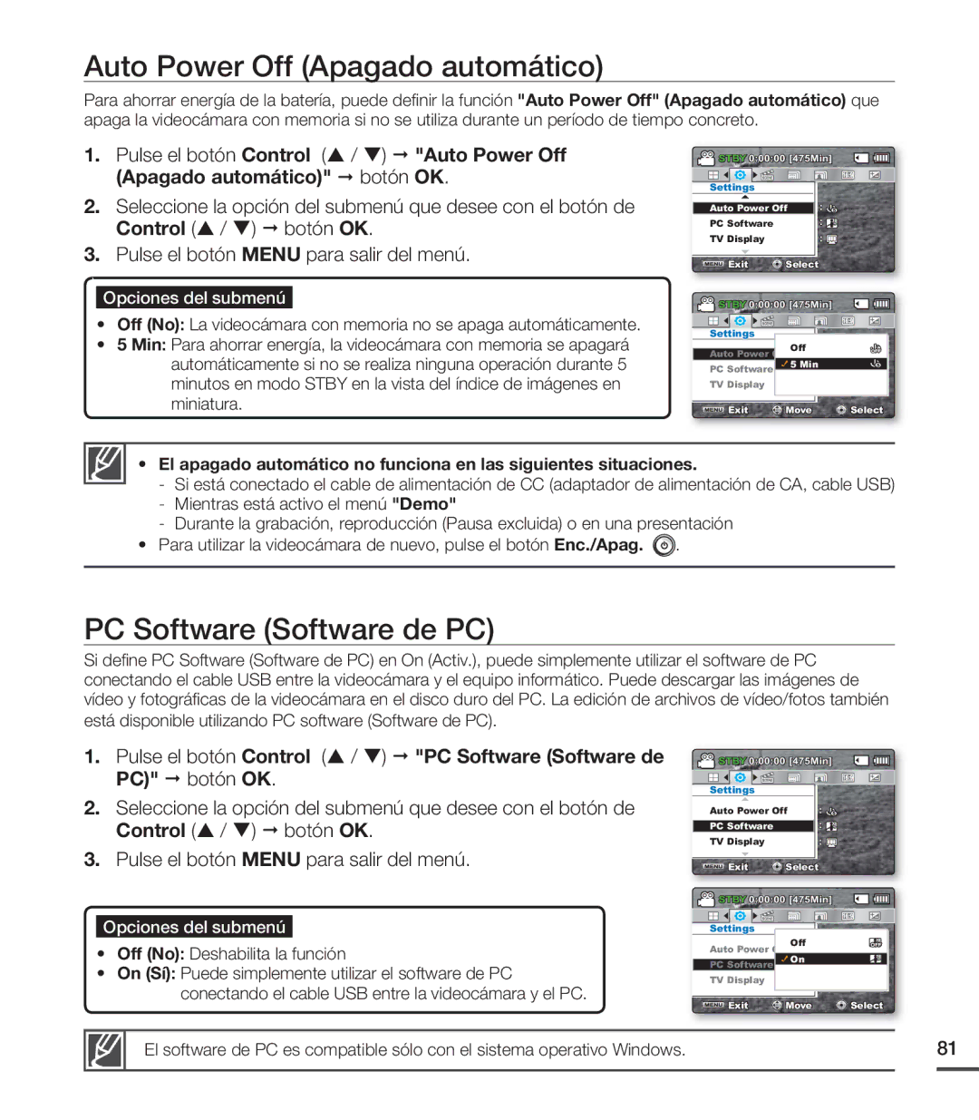 Samsung SMX-C200RP/EDC, SMX-C200LP/EDC, SMX-C20RP/EDC manual Auto Power Off Apagado automático, PC Software Software de PC 