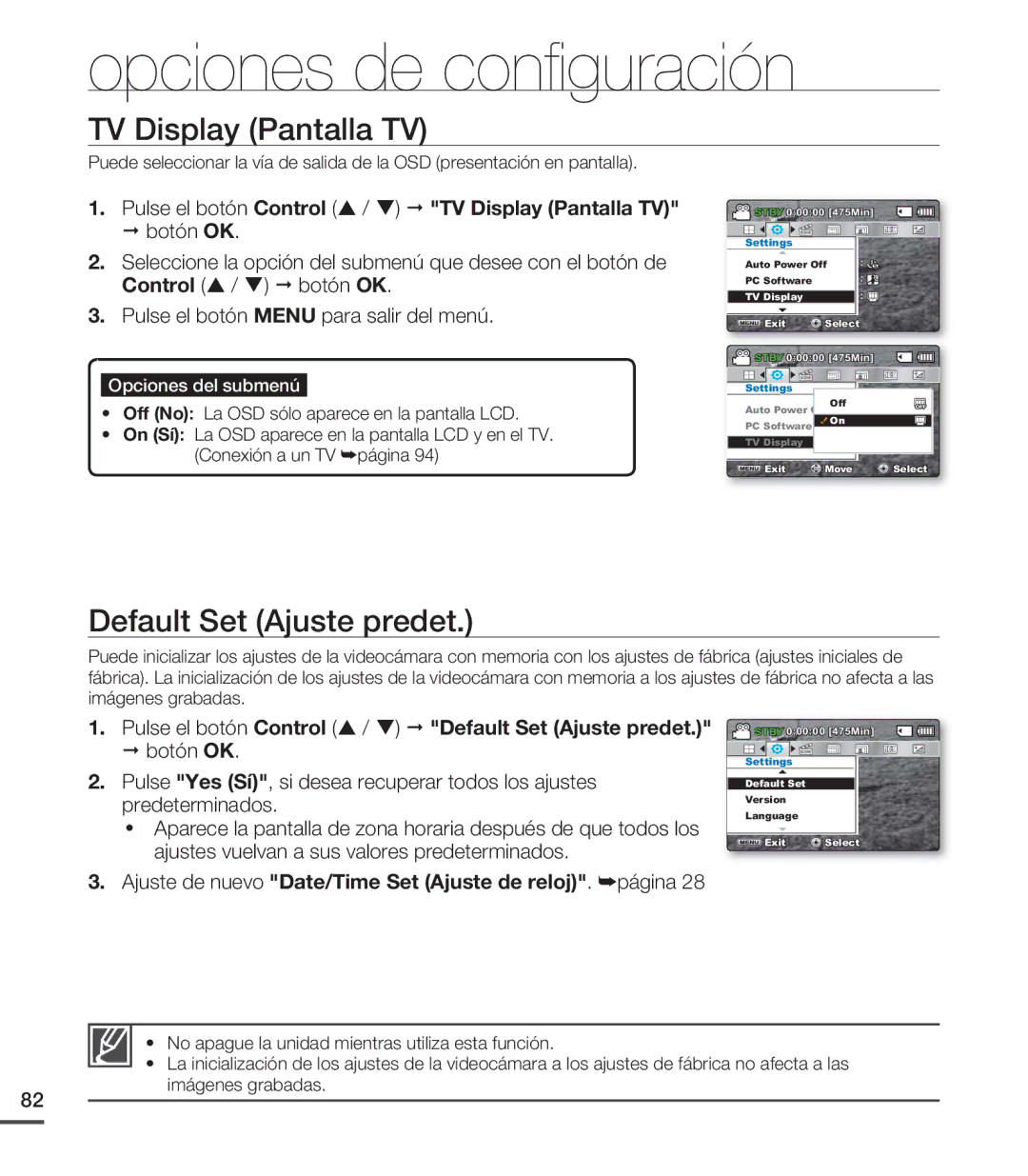 Samsung SMX-C200BP/EDC, SMX-C200LP/EDC, SMX-C20RP/EDC, SMX-C20LN/XAA manual TV Display Pantalla TV, Default Set Ajuste predet 