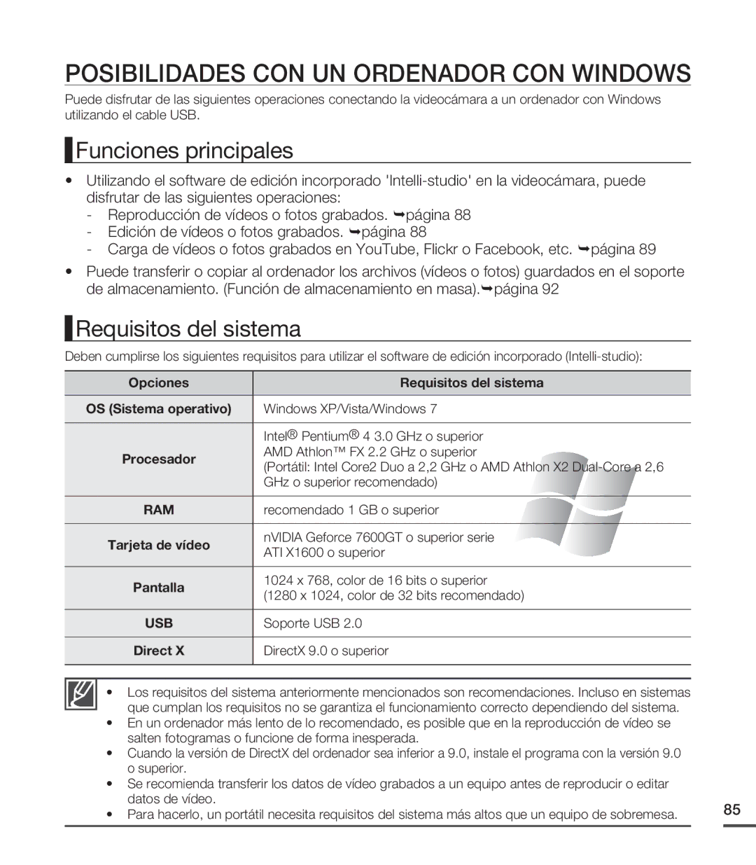 Samsung SMX-C20LP/EDC manual Posibilidades CON UN Ordenador CON Windows, Funciones principales, Requisitos del sistema 