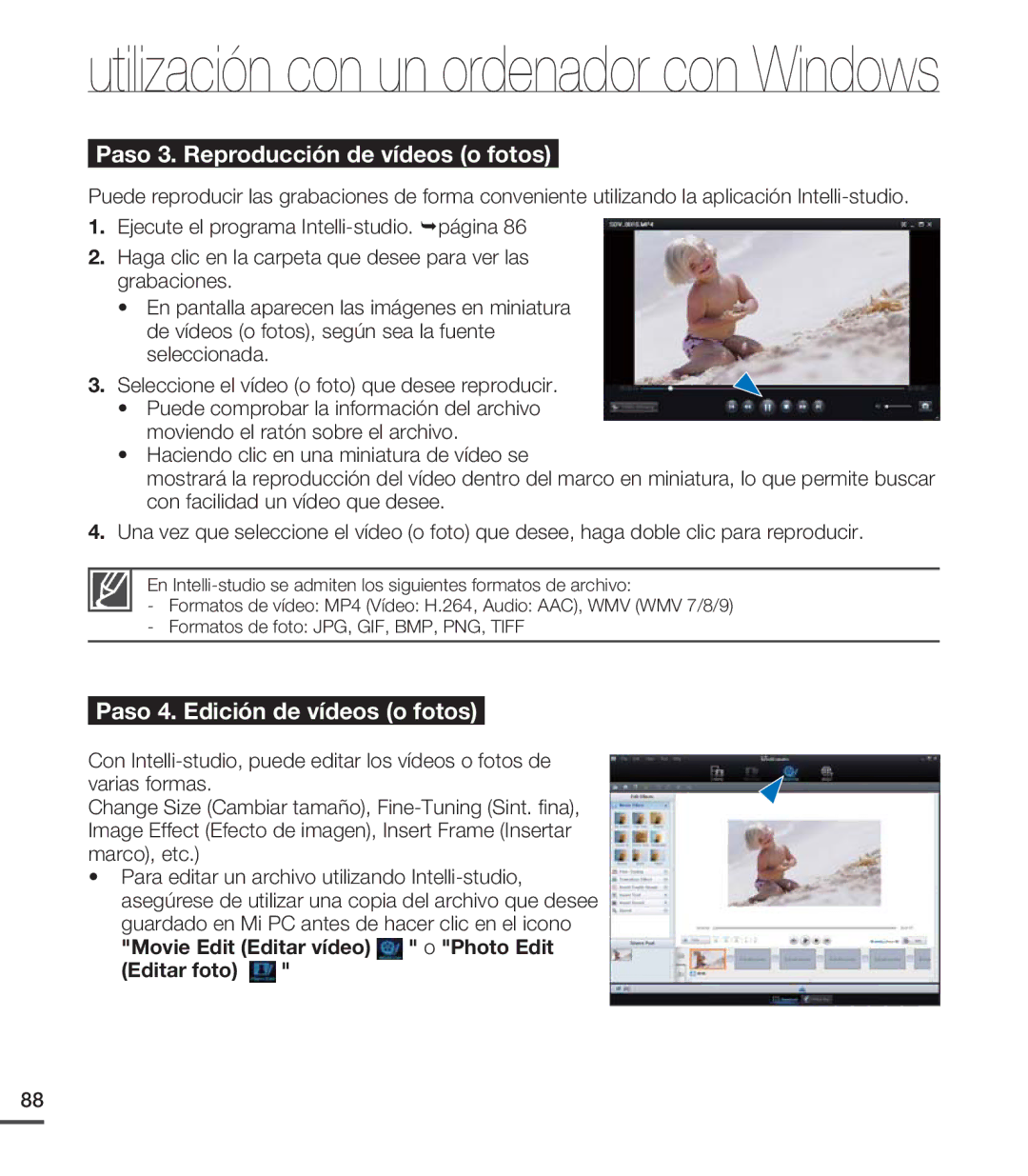 Samsung SMX-C20LN/XAA manual Paso 3. Reproducción de vídeos o fotos, Movie Edit Editar vídeo o Photo Edit Editar foto 