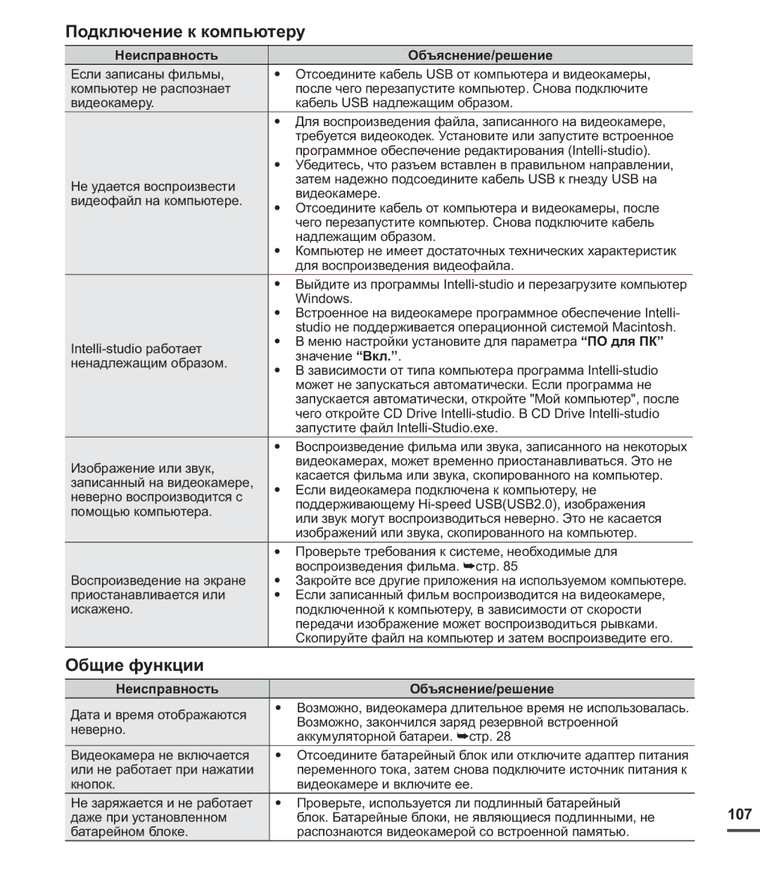 Samsung SMX-C24RP/XER, SMX-C20BP/EDC, SMX-C20BP/XEB, SMX-C24BP/XER manual Подключение к компьютеру, Общие функции, 107 