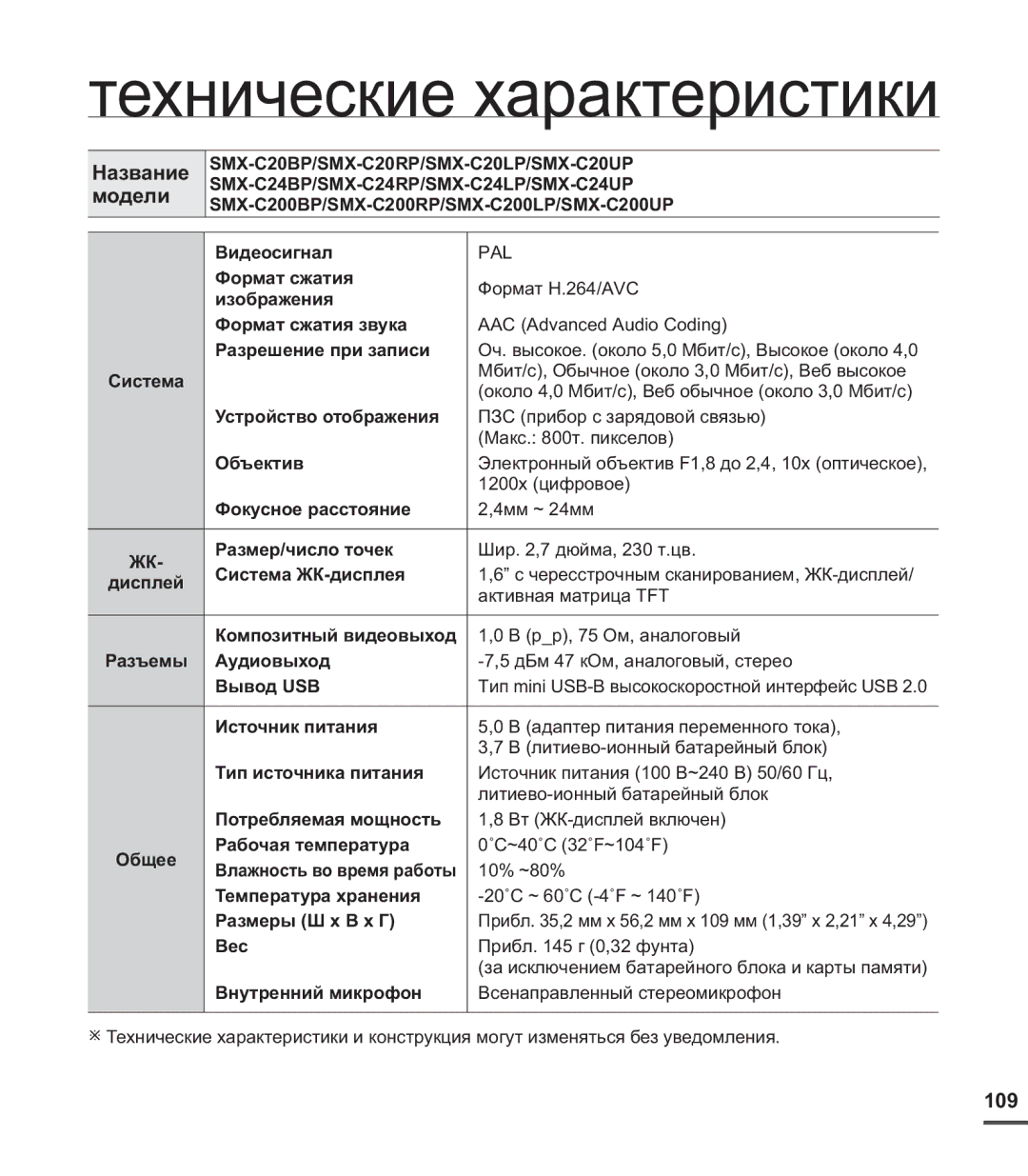 Samsung SMX-C20BP/XER, SMX-C20BP/EDC, SMX-C20BP/XEB, SMX-C24BP/XER manual Технические характеристики, Название Модели, 109 