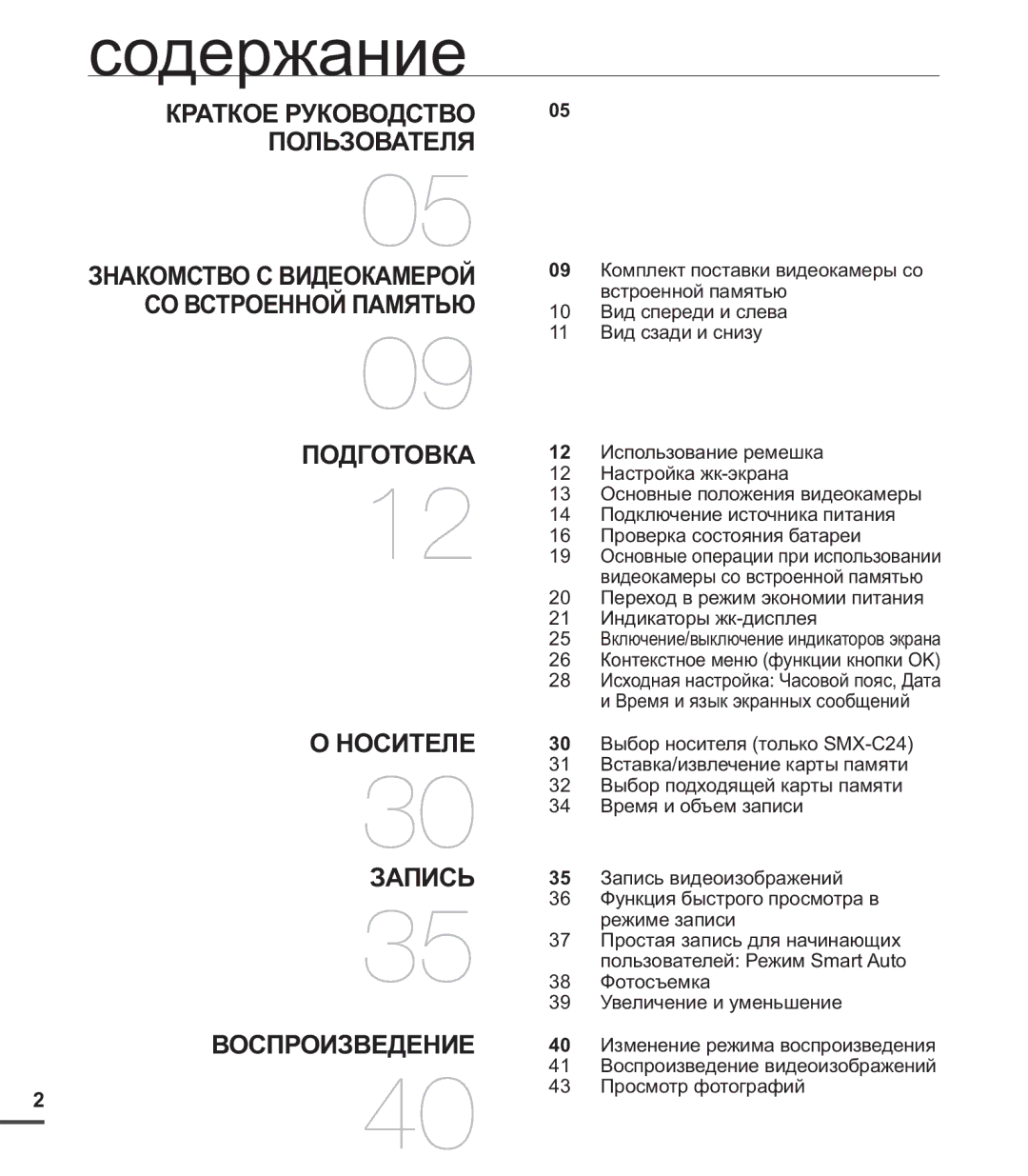 Samsung SMX-C20RP/XER, SMX-C20BP/EDC, SMX-C20BP/XEB, SMX-C24BP/XER, SMX-C20BP/XEK, SMX-C24RP/XER manual Содержание, Пользователя 