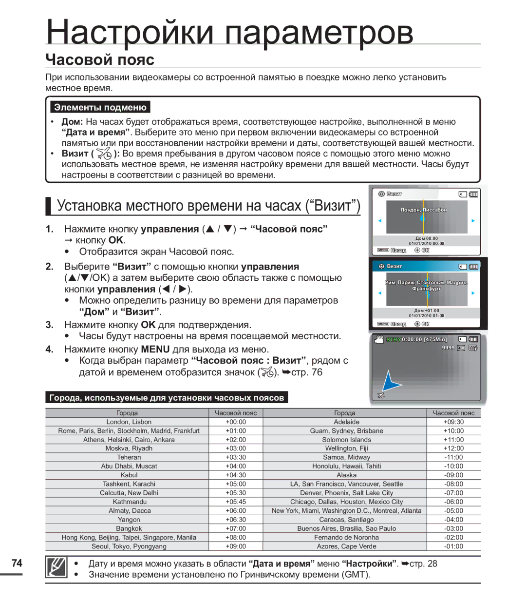 Samsung SMX-C20RP/XER, SMX-C20BP/EDC, SMX-C20BP/XEB, SMX-C24BP/XER Часовой пояс, Установка местного времени на часах Визит 