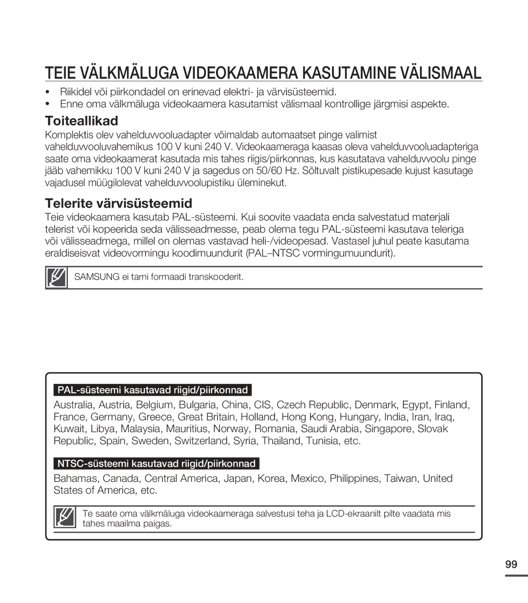 Samsung SMX-C20BP/XEB, SMX-C20BP/EDC manual Teie Välkmäluga Videokaamera Kasutamine Välismaal 