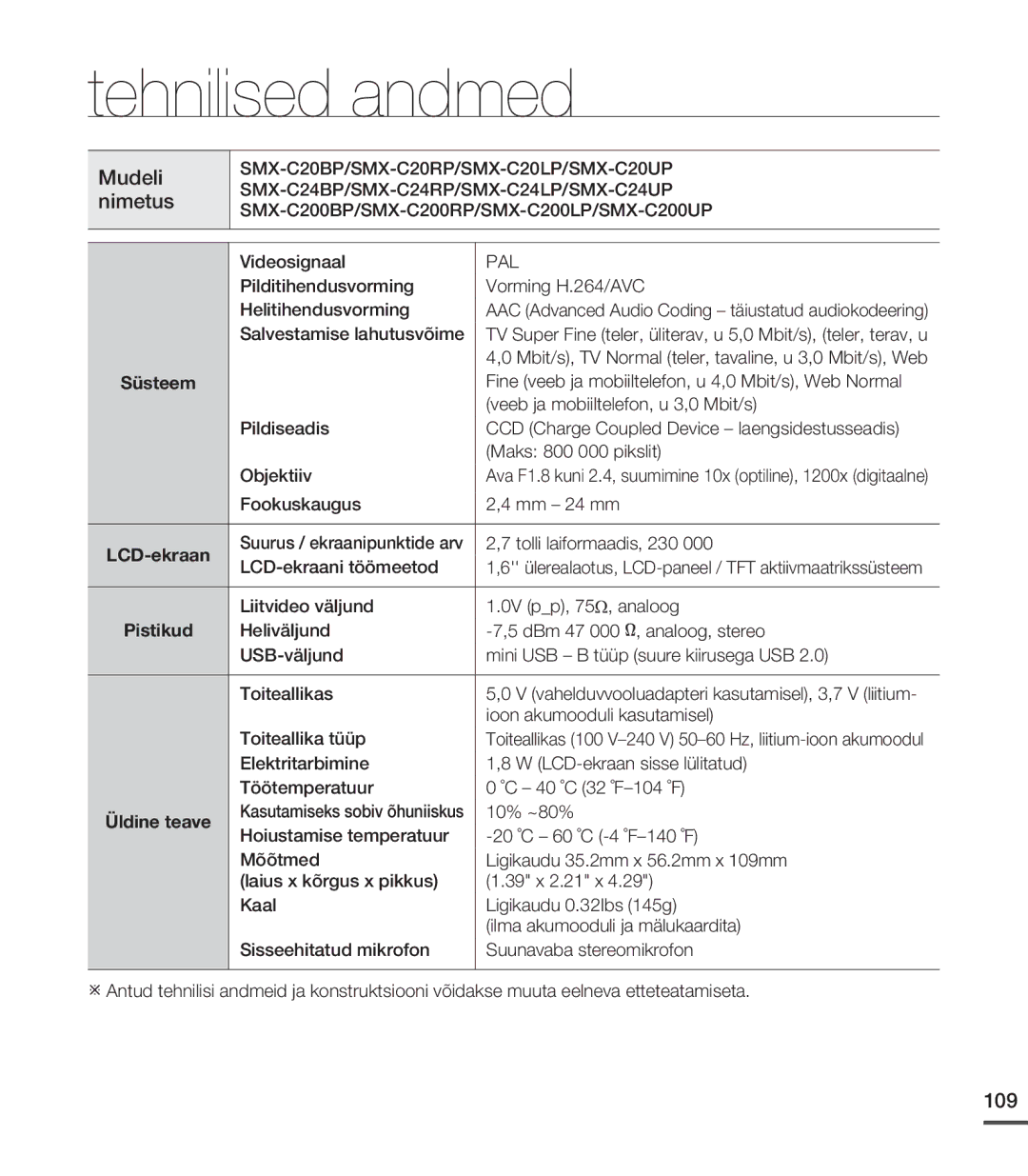 Samsung SMX-C20BP/XEB, SMX-C20BP/EDC manual Tehnilised andmed, Süsteem, LCD-ekraan, Üldine teave 