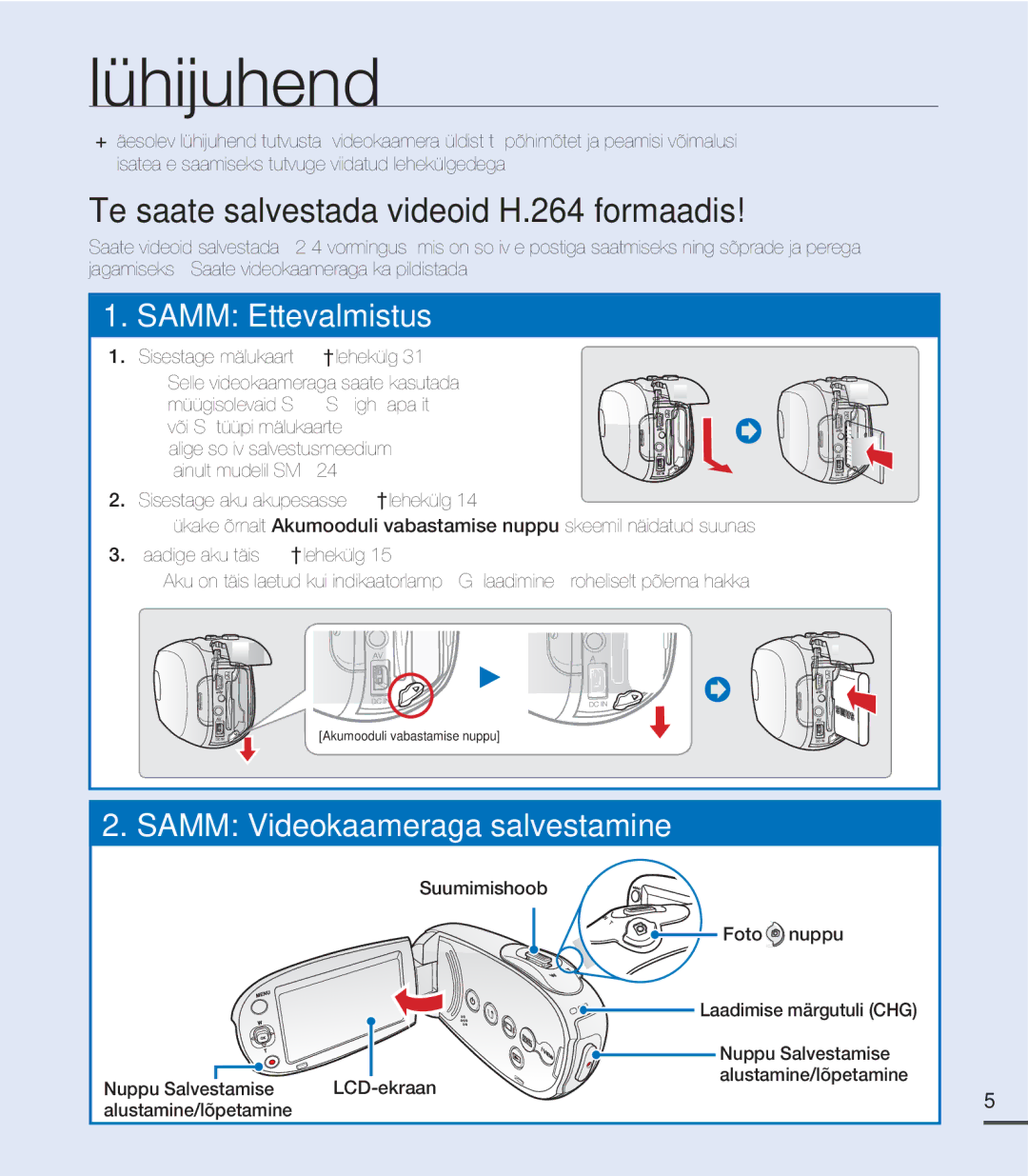 Samsung SMX-C20BP/XEB manual Lühijuhend, Valige sobiv salvestusmeedium. ainult mudelil SMX-C24, Alustamine/lõpetamine 