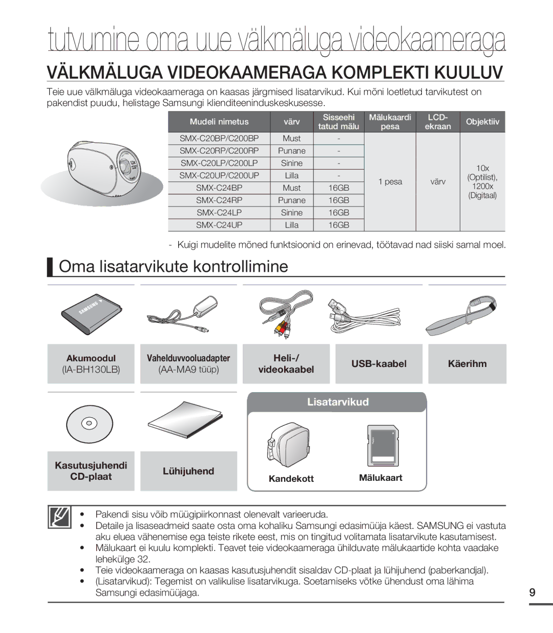 Samsung SMX-C20BP/XEB, SMX-C20BP/EDC manual Välkmäluga Videokaameraga Komplekti Kuuluv, Oma lisatarvikute kontrollimine 