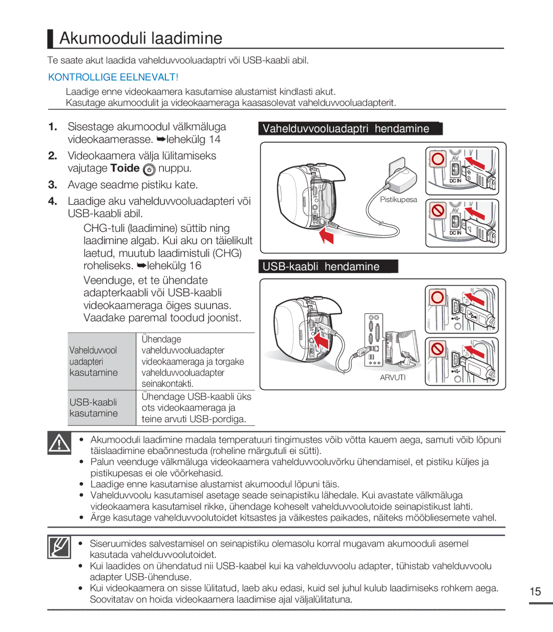 Samsung SMX-C20BP/XEB, SMX-C20BP/EDC manual Akumooduli laadimine, Vahelduvvooluadaptri ühendamine, USB-kaabli ühendamine 