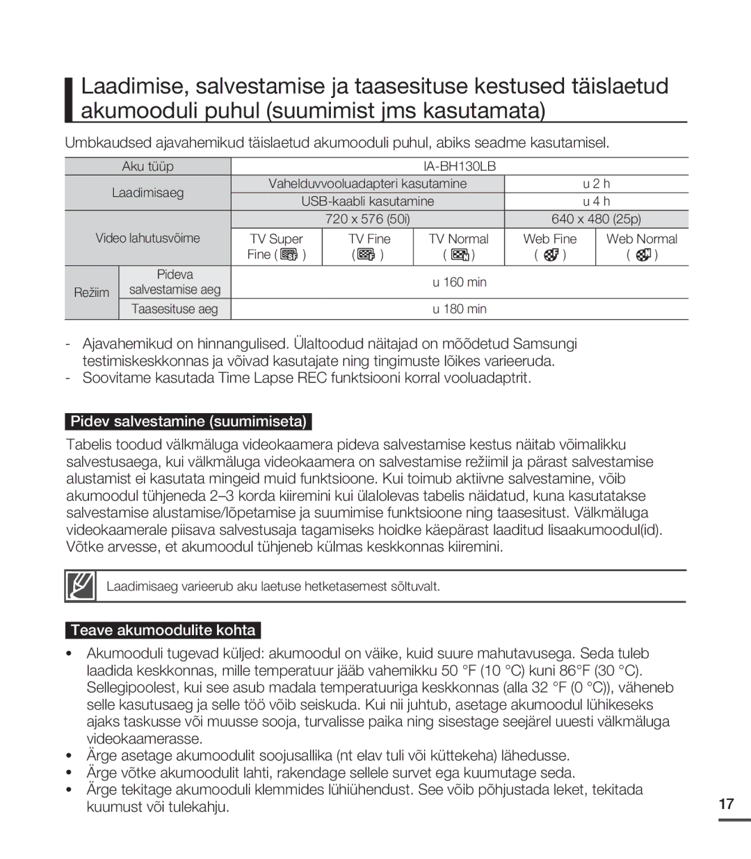 Samsung SMX-C20BP/XEB, SMX-C20BP/EDC manual Pidev salvestamine suumimiseta, Teave akumoodulite kohta 