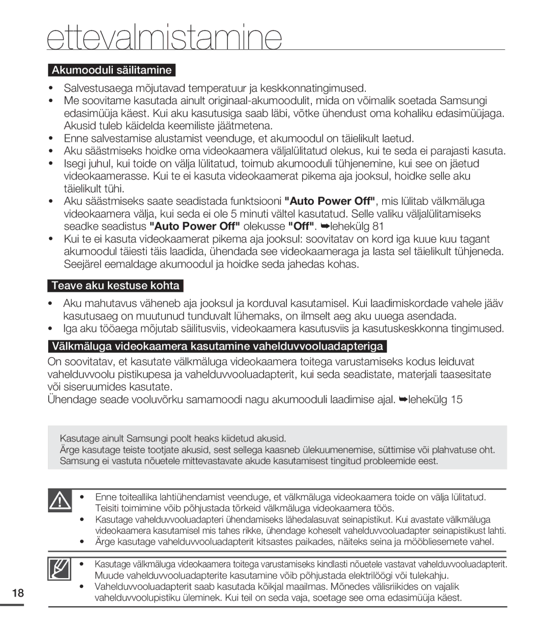 Samsung SMX-C20BP/EDC, SMX-C20BP/XEB manual Akumooduli säilitamine, Teave aku kestuse kohta 