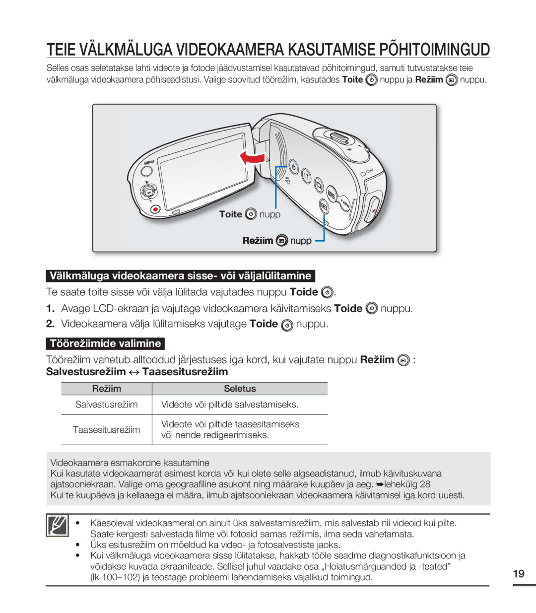 Samsung SMX-C20BP/XEB manual Salvestusrežiim Taasesitusrežiim, Toite nupp Režiim nupp, Videokaamera esmakordne kasutamine 