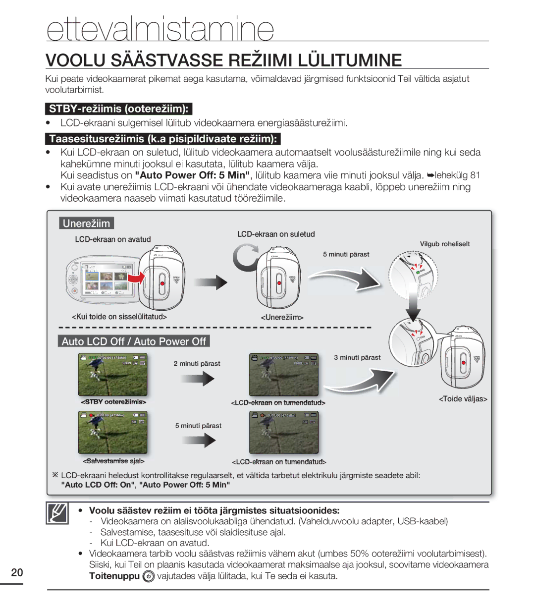 Samsung SMX-C20BP/EDC, SMX-C20BP/XEB manual Voolu Säästvasse Režiimi Lülitumine, Unerežiim, Auto LCD Off / Auto Power Off 