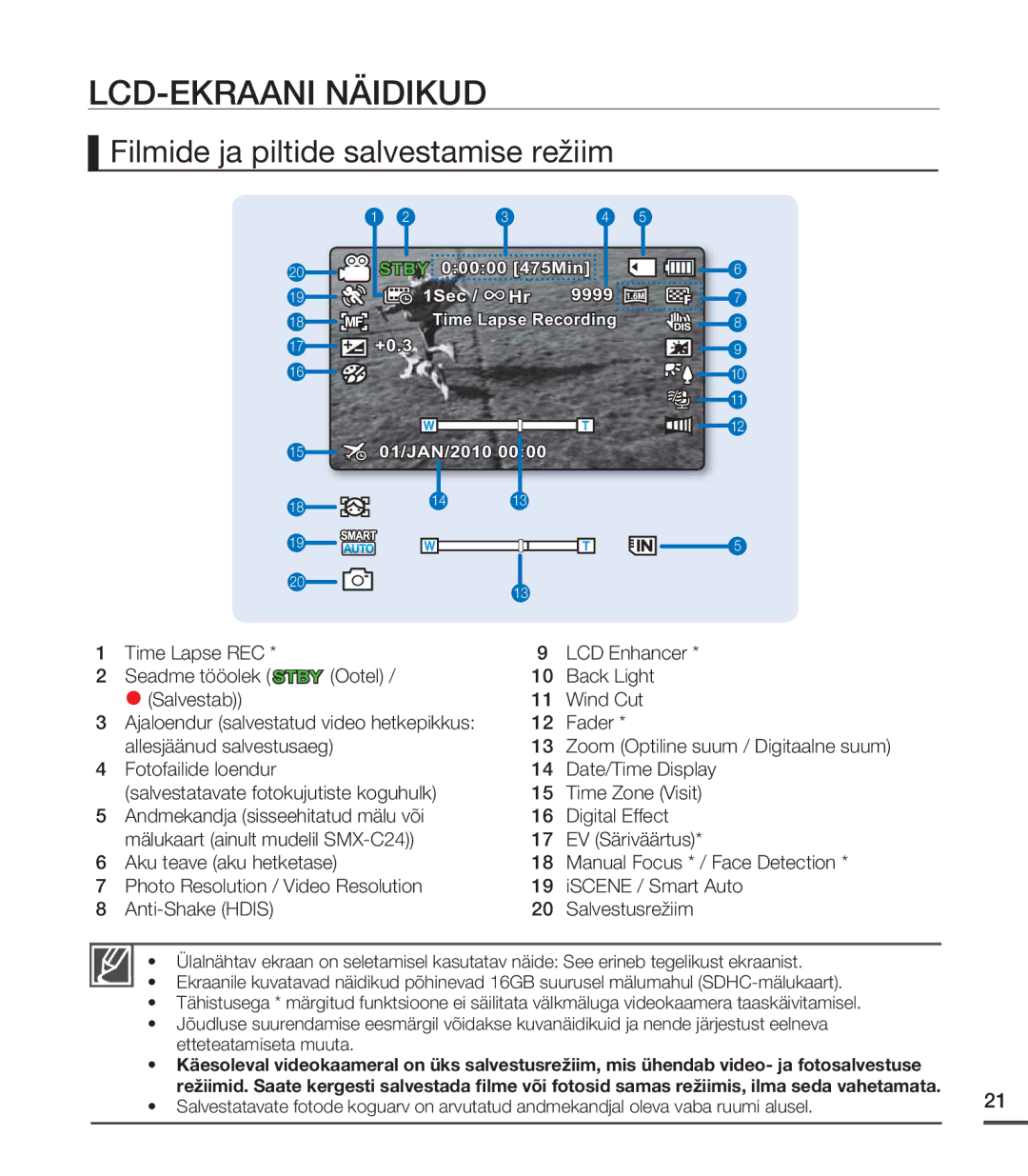 Samsung SMX-C20BP/XEB, SMX-C20BP/EDC manual LCD-EKRAANI Näidikud, Filmide ja piltide salvestamise režiim 