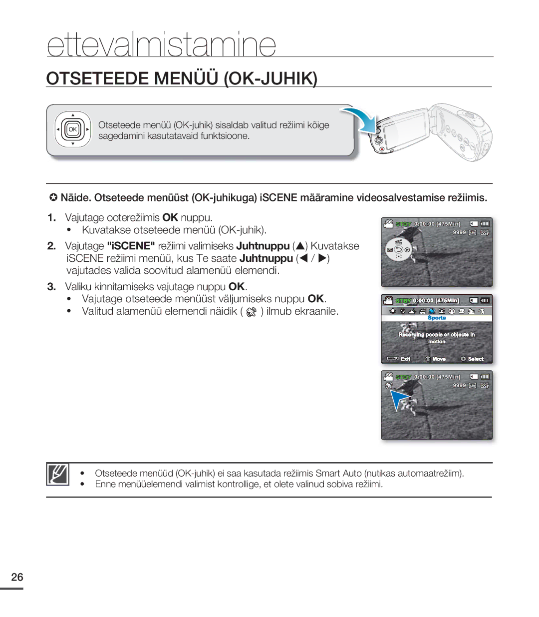 Samsung SMX-C20BP/EDC, SMX-C20BP/XEB manual Otseteede Menüü OK-JUHIK, Sagedamini kasutatavaid funktsioone 