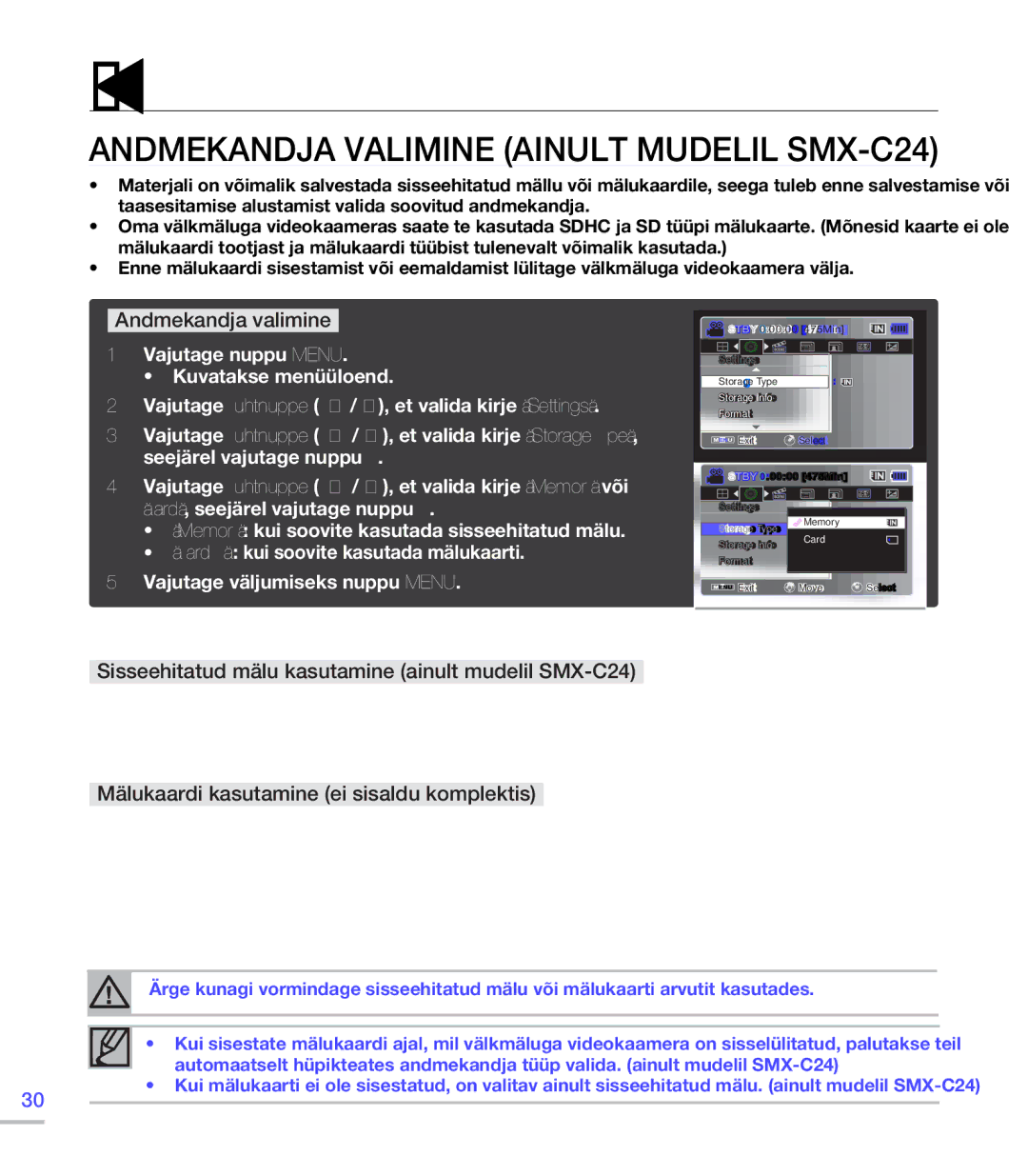 Samsung SMX-C20BP/EDC manual Teave andmekandjate kohta, Andmekandja Valimine Ainult Mudelil SMX-C24, Andmekandja valimine 