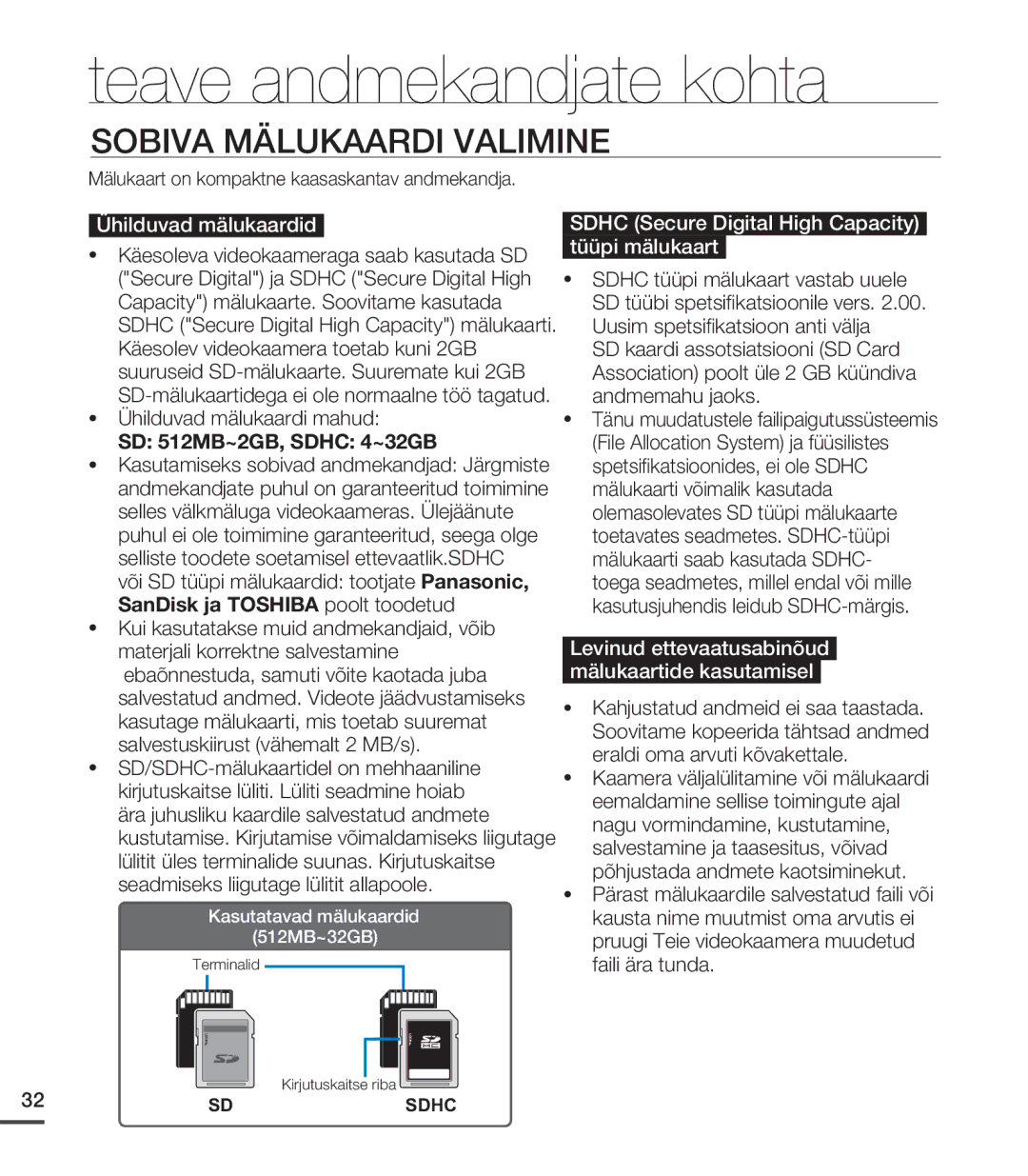 Samsung SMX-C20BP/EDC, SMX-C20BP/XEB manual Sobiva Mälukaardi Valimine, Ühilduvad mälukaardid, SD 512MB~2GB, Sdhc 4~32GB 