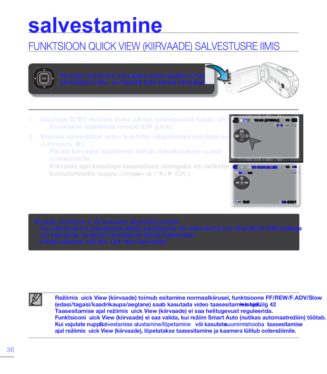 Samsung SMX-C20BP/EDC, SMX-C20BP/XEB manual Funktsioon Quick View Kiirvaade Salvestusrežiimis 