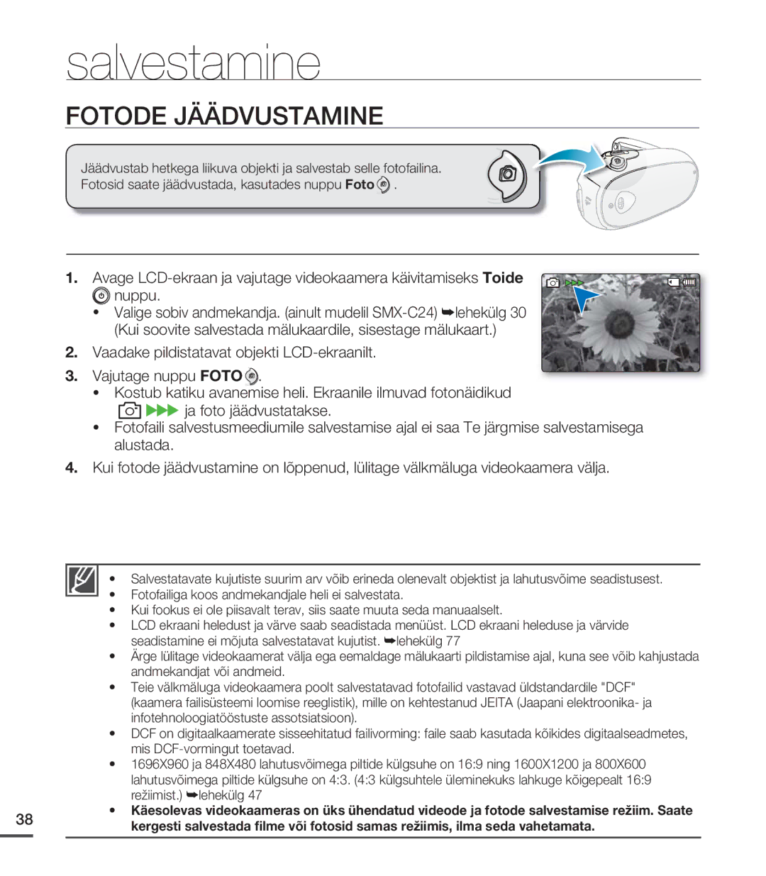 Samsung SMX-C20BP/EDC, SMX-C20BP/XEB manual Fotode Jäädvustamine 