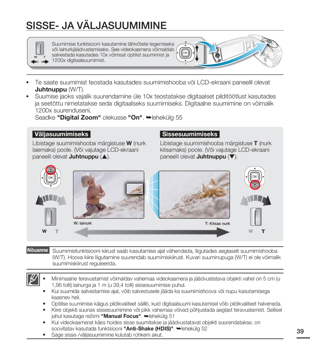 Samsung SMX-C20BP/XEB, SMX-C20BP/EDC manual SISSE- JA Väljasuumimine, 1200x digitaalsuumimist 