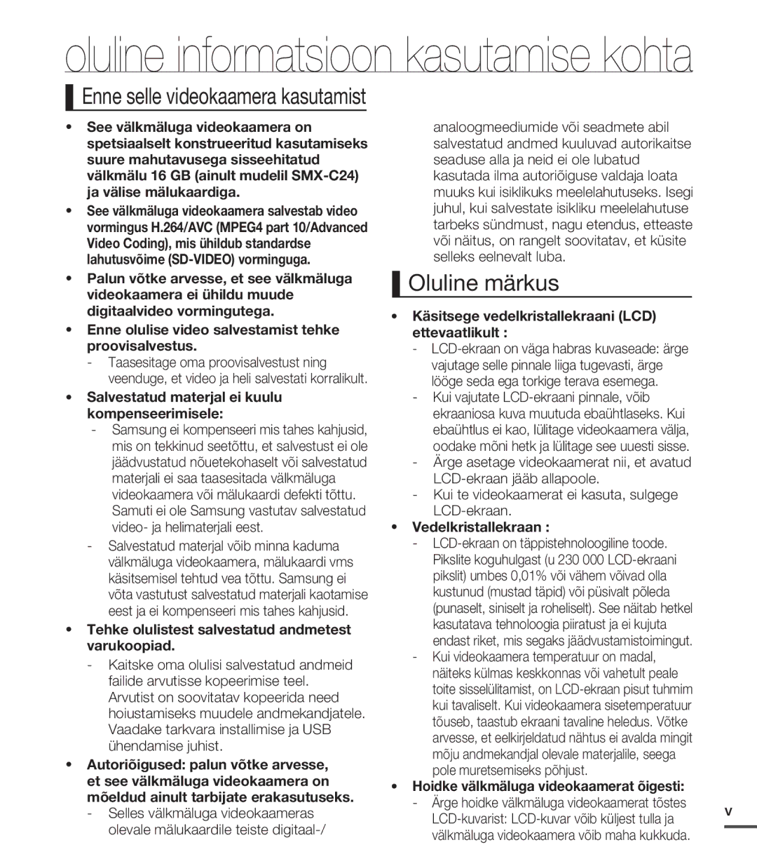 Samsung SMX-C20BP/XEB, SMX-C20BP/EDC manual Oluline informatsioon kasutamise kohta, Oluline märkus 