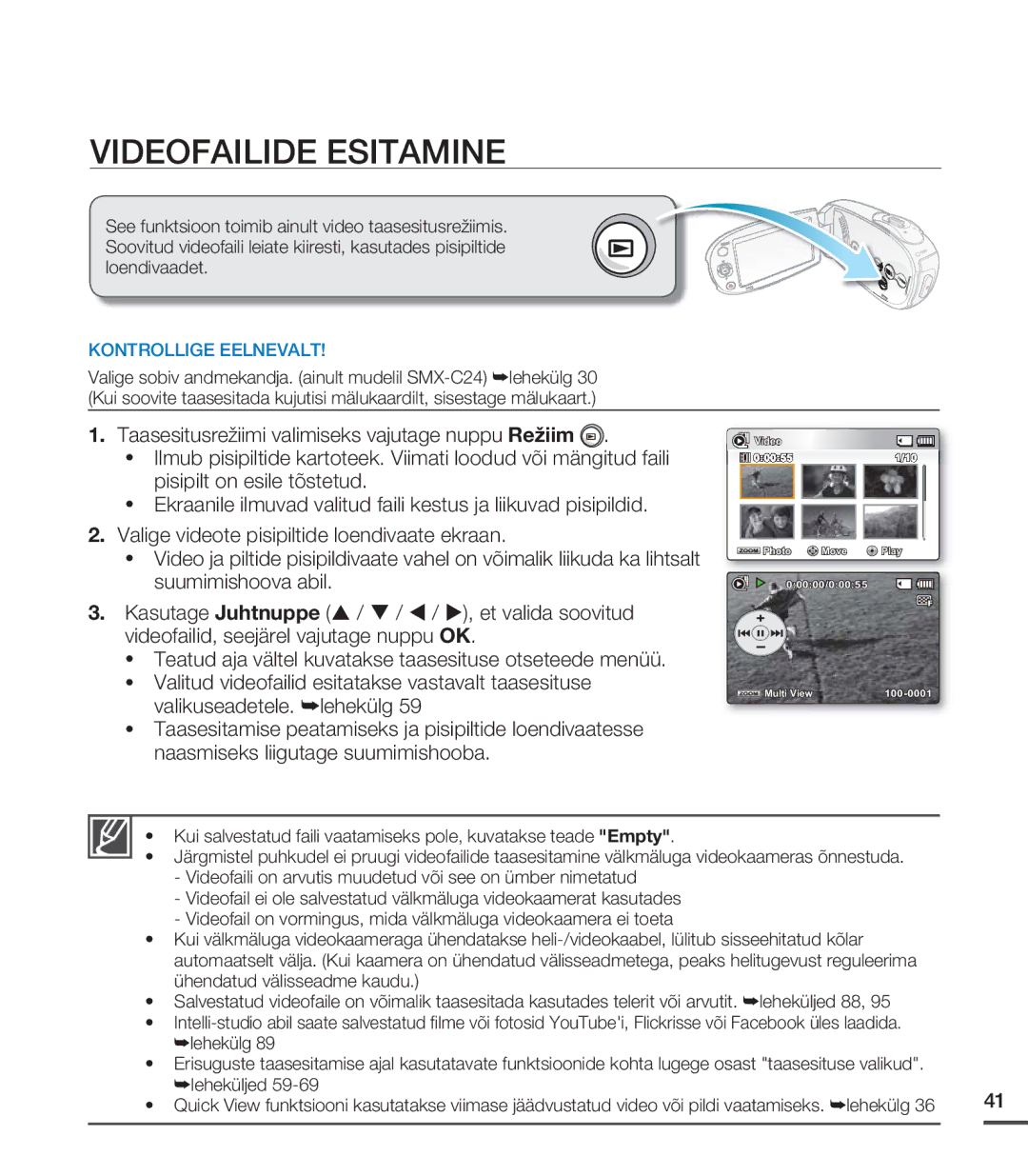 Samsung SMX-C20BP/XEB, SMX-C20BP/EDC manual Videofailide Esitamine 