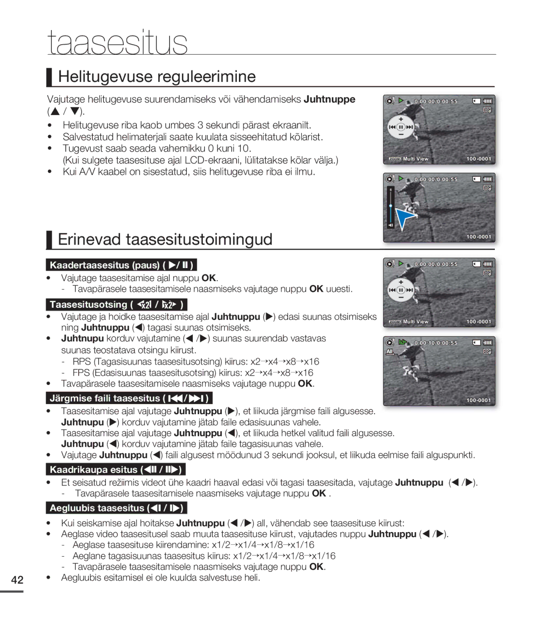 Samsung SMX-C20BP/EDC Helitugevuse reguleerimine, Erinevad taasesitustoimingud, Ning Juhtnuppu tagasi suunas otsimiseks 