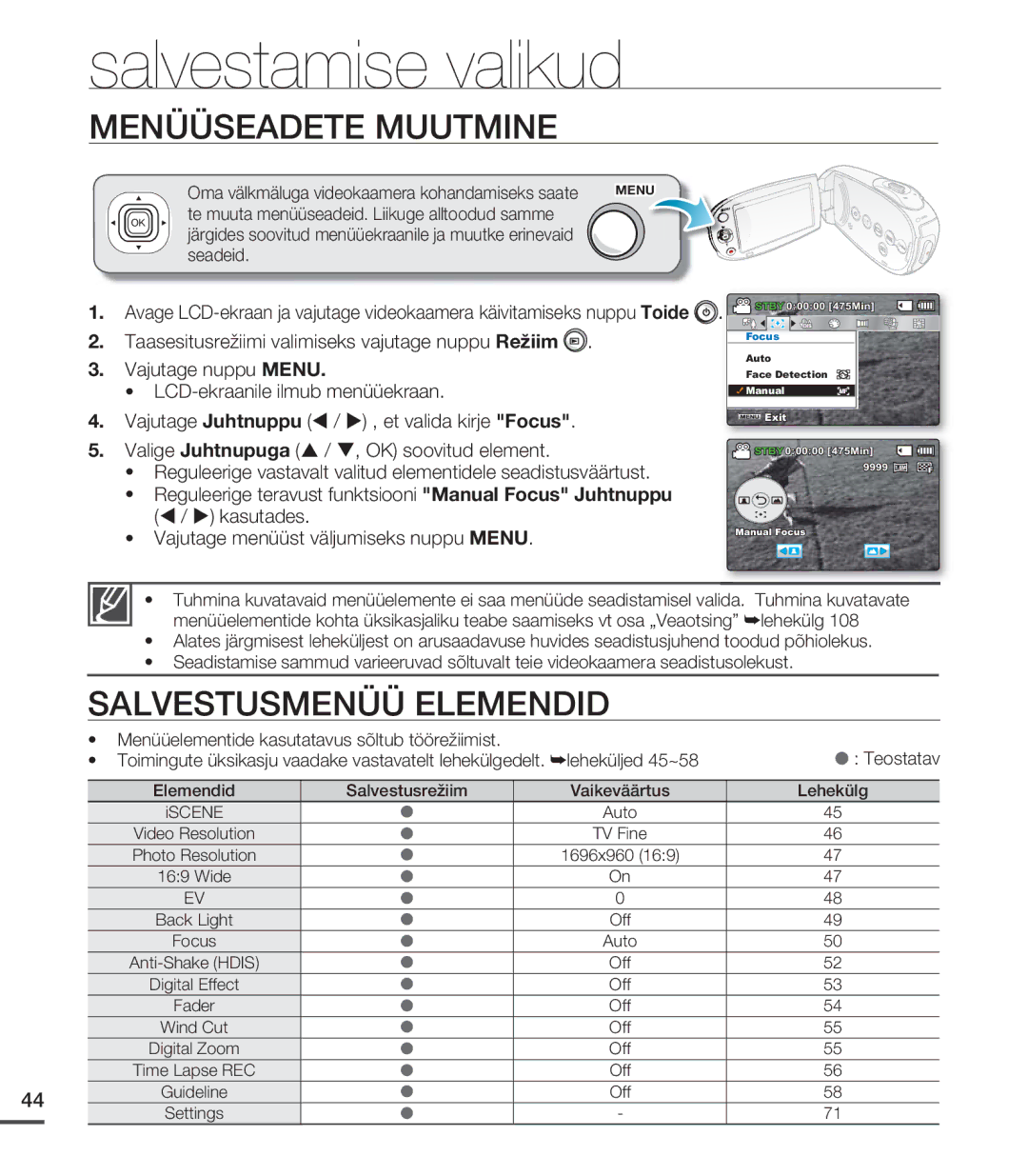 Samsung SMX-C20BP/EDC, SMX-C20BP/XEB manual Salvestamise valikud, Menüüseadete Muutmine, Salvestusmenüü Elemendid, Seadeid 