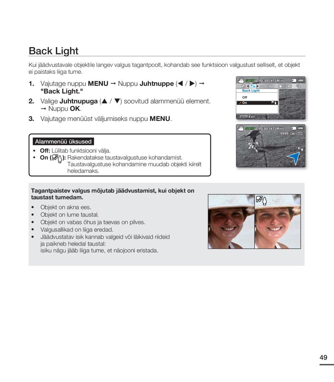 Samsung SMX-C20BP/XEB, SMX-C20BP/EDC manual Back Light 