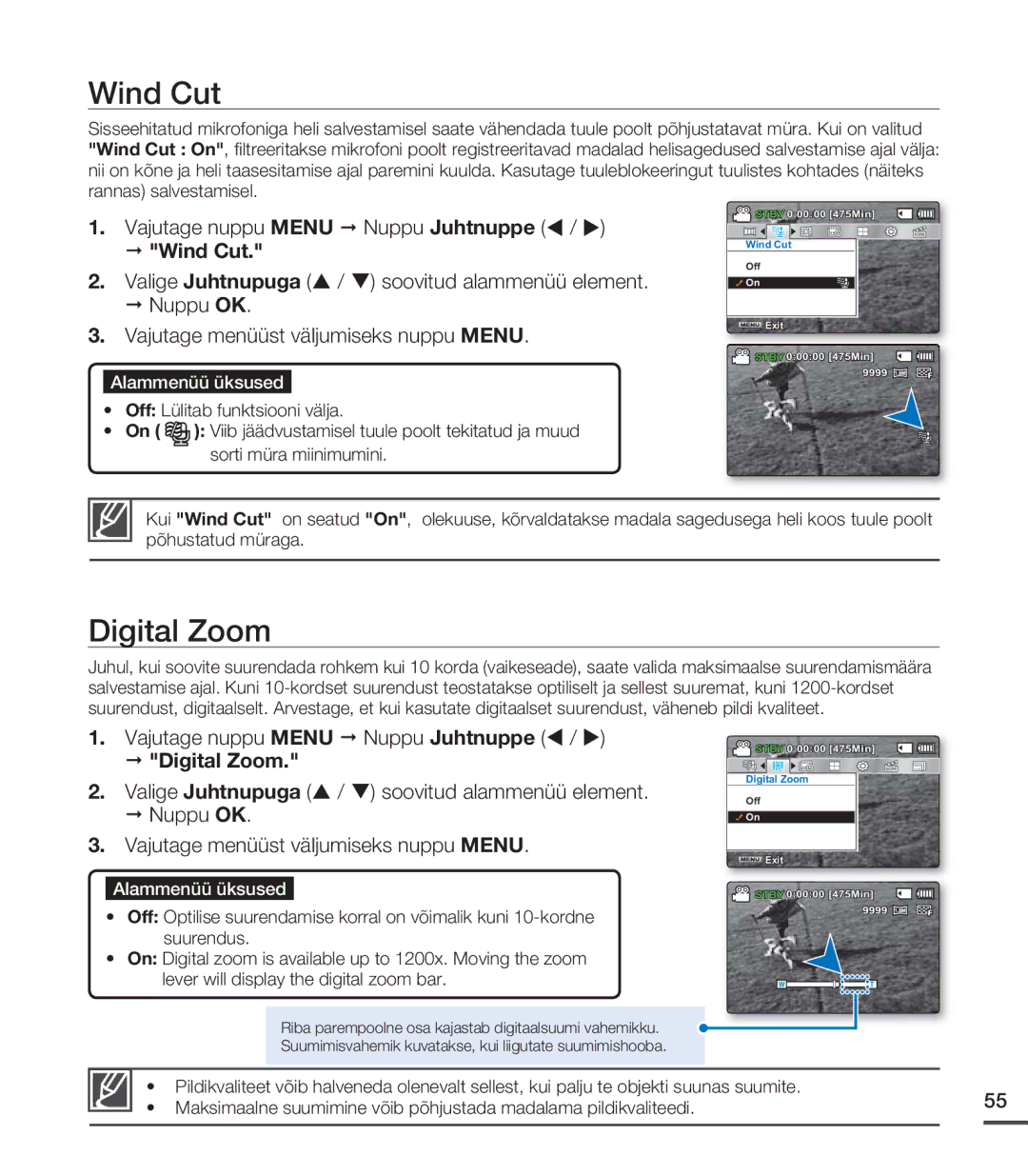 Samsung SMX-C20BP/XEB, SMX-C20BP/EDC manual Wind Cut, Digital Zoom 