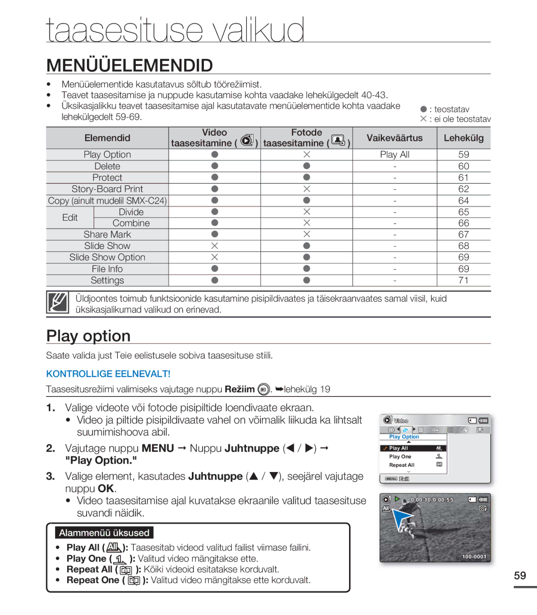 Samsung SMX-C20BP/XEB, SMX-C20BP/EDC manual Taasesituse valikud, Menüüelemendid, Play option, Play Option 