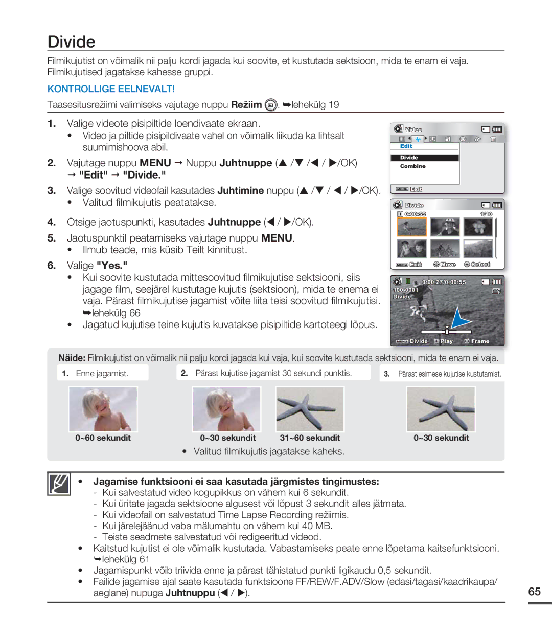 Samsung SMX-C20BP/XEB, SMX-C20BP/EDC manual Divide, Valitud ﬁlmikujutis jagatakse kaheks 