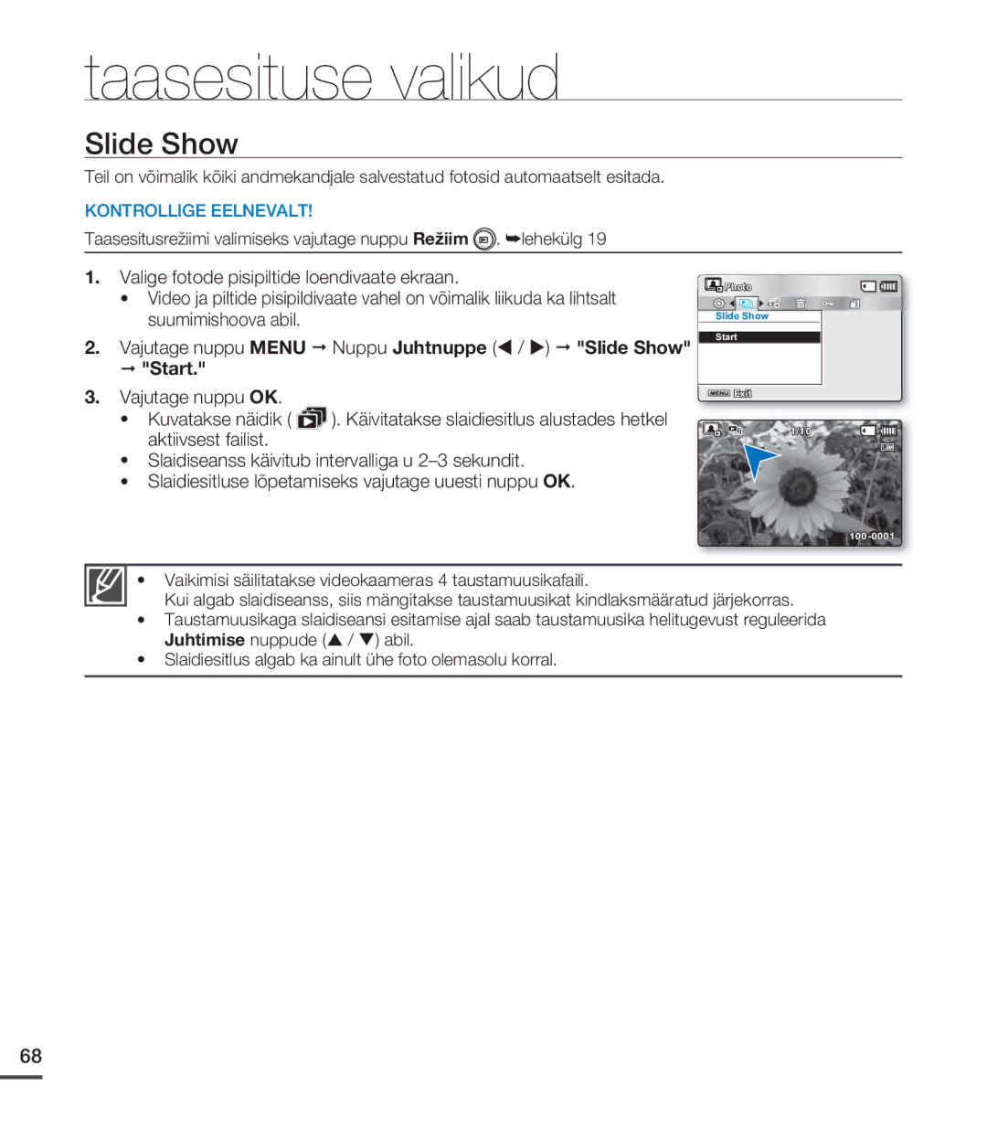 Samsung SMX-C20BP/EDC, SMX-C20BP/XEB manual Vajutage nuppu Menu Nuppu Juhtnuppe / Slide Show Start 