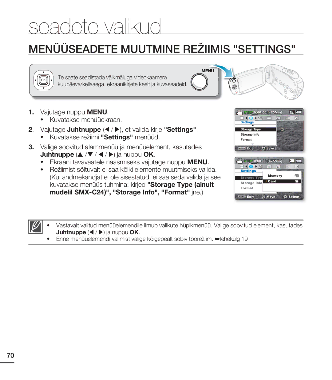 Samsung SMX-C20BP/EDC, SMX-C20BP/XEB manual Seadete valikud, Menüüseadete Muutmine Režiimis Settings 