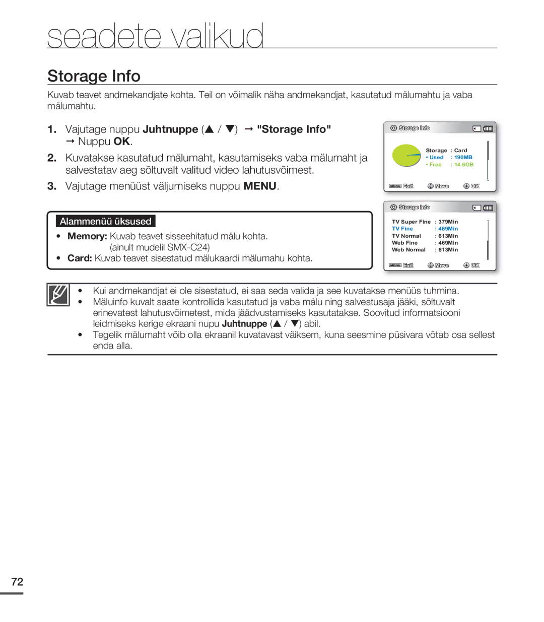 Samsung SMX-C20BP/EDC, SMX-C20BP/XEB manual Vajutage nuppu Juhtnuppe / Storage Info 