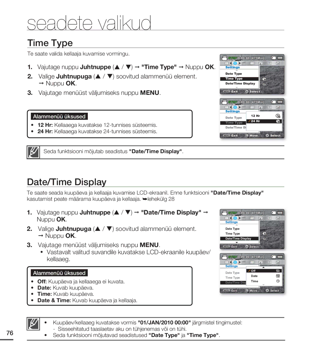 Samsung SMX-C20BP/EDC, SMX-C20BP/XEB manual Time Type, Vajutage nuppu Juhtnuppe / Date/Time Display Nuppu OK 