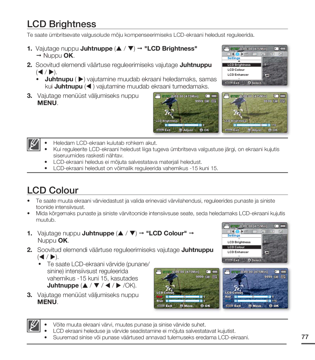 Samsung SMX-C20BP/XEB manual LCD Colour, Vajutage nuppu Juhtnuppe / LCD Brightness, Vajutage menüüst väljumiseks nuppu 