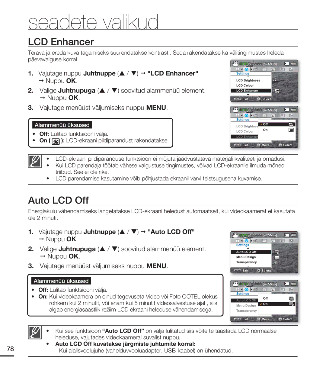 Samsung SMX-C20BP/EDC manual Vajutage nuppu Juhtnuppe / LCD Enhancer, Vajutage nuppu Juhtnuppe / Auto LCD Off 