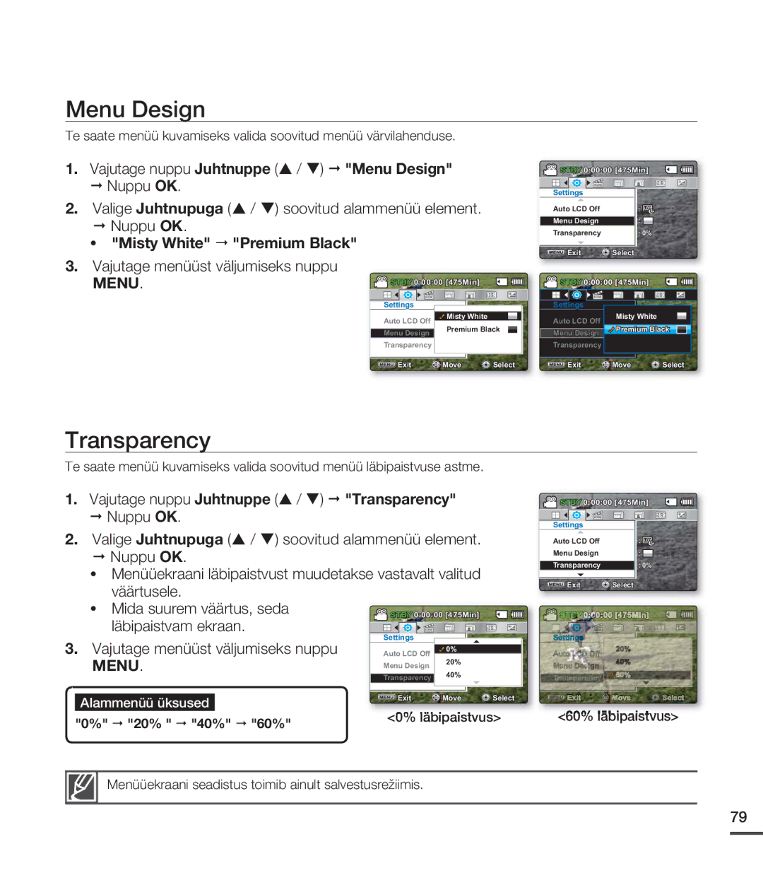 Samsung SMX-C20BP/XEB, SMX-C20BP/EDC Transparency, Vajutage nuppu Juhtnuppe / Menu Design, Misty White Premium Black 