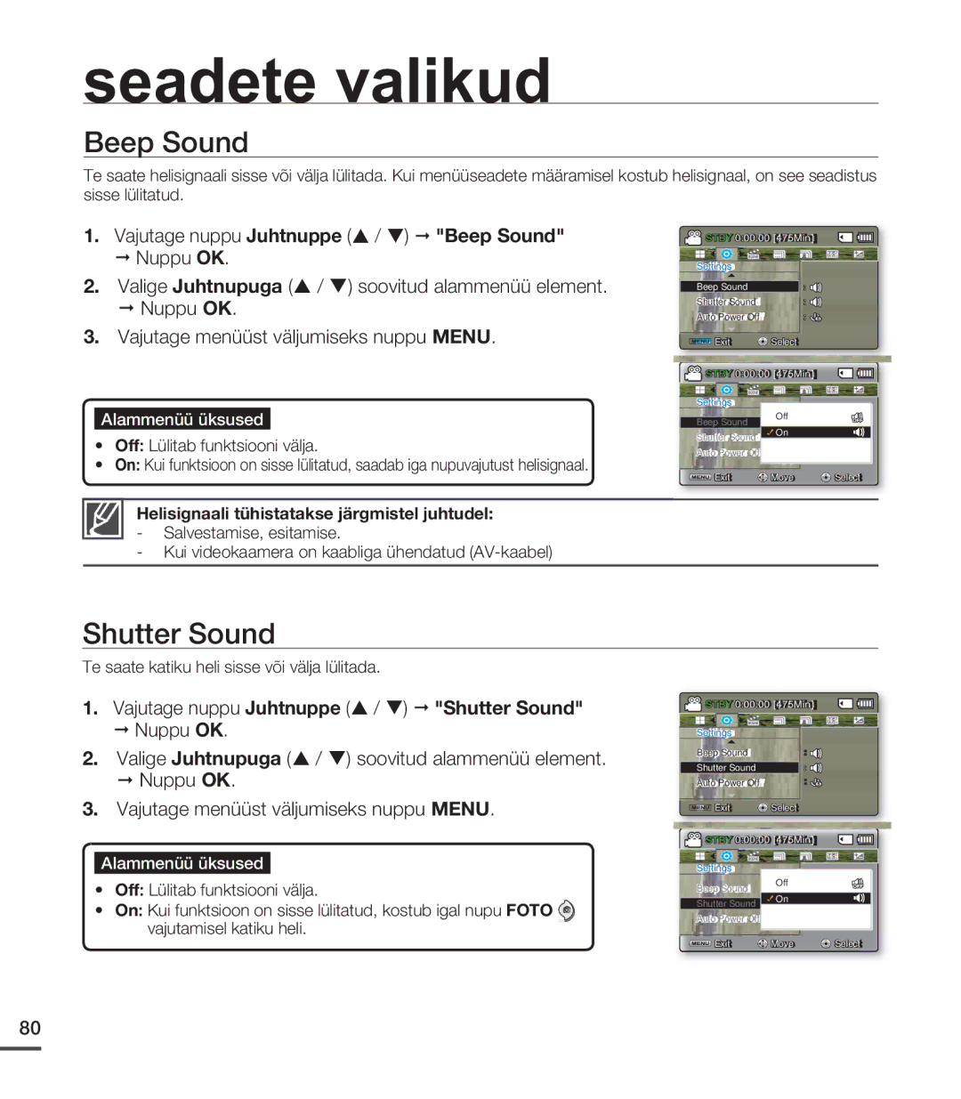 Samsung SMX-C20BP/EDC manual Vajutage nuppu Juhtnuppe / Beep Sound, Vajutage nuppu Juhtnuppe / Shutter Sound 