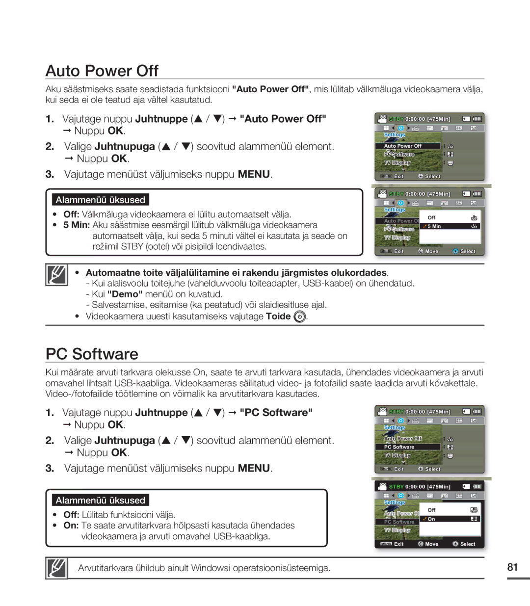 Samsung SMX-C20BP/XEB manual Vajutage nuppu Juhtnuppe / Auto Power Off, Vajutage nuppu Juhtnuppe / PC Software 