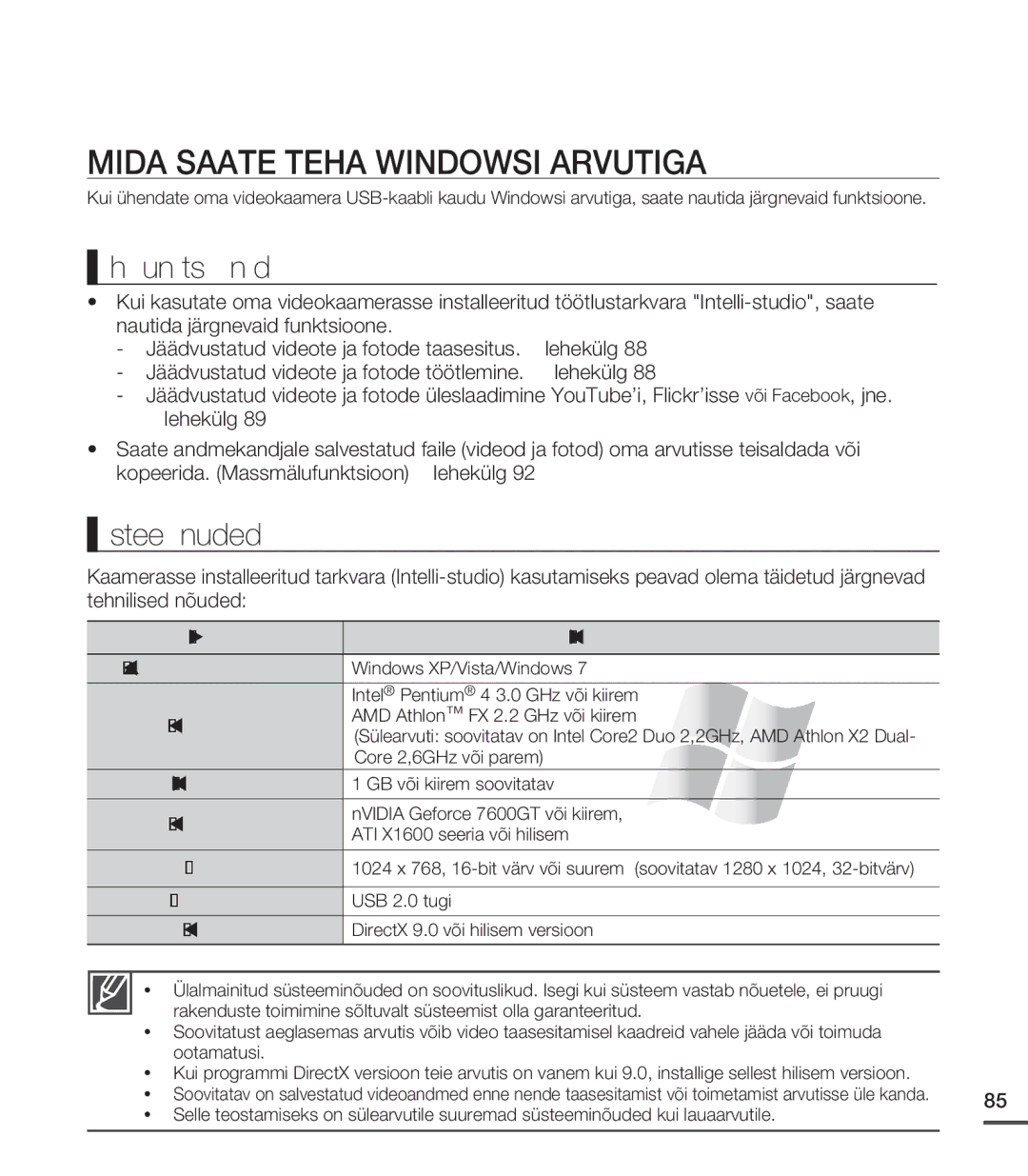 Samsung SMX-C20BP/XEB, SMX-C20BP/EDC manual Mida Saate Teha Windowsi Arvutiga, Põhifunktsioonid, Süsteeminõuded 