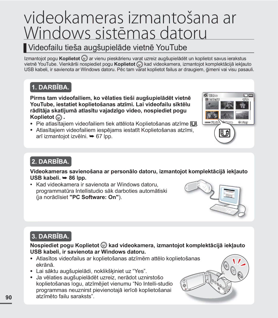 Samsung SMX-C20BP/EDC, SMX-C20BP/XEB manual Videofailu tieša augšupielāde vietnē YouTube, Darbība 