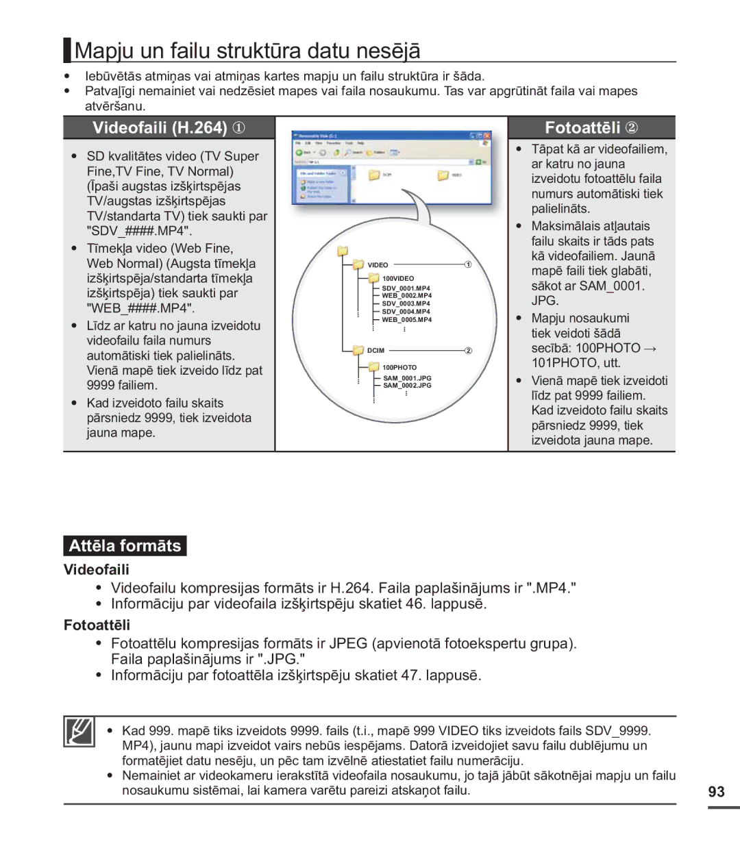 Samsung SMX-C20BP/XEB, SMX-C20BP/EDC manual Mapju un failu struktūra datu nesējā, Videofaili, Fotoattēli 