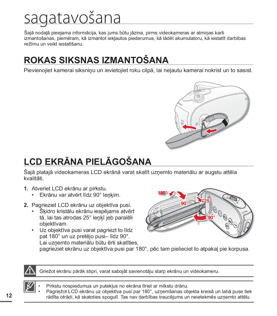 Samsung SMX-C20BP/EDC, SMX-C20BP/XEB manual Sagatavošana, Rokas Siksnas Izmantošana, LCD Ekrāna Pielāgošana 