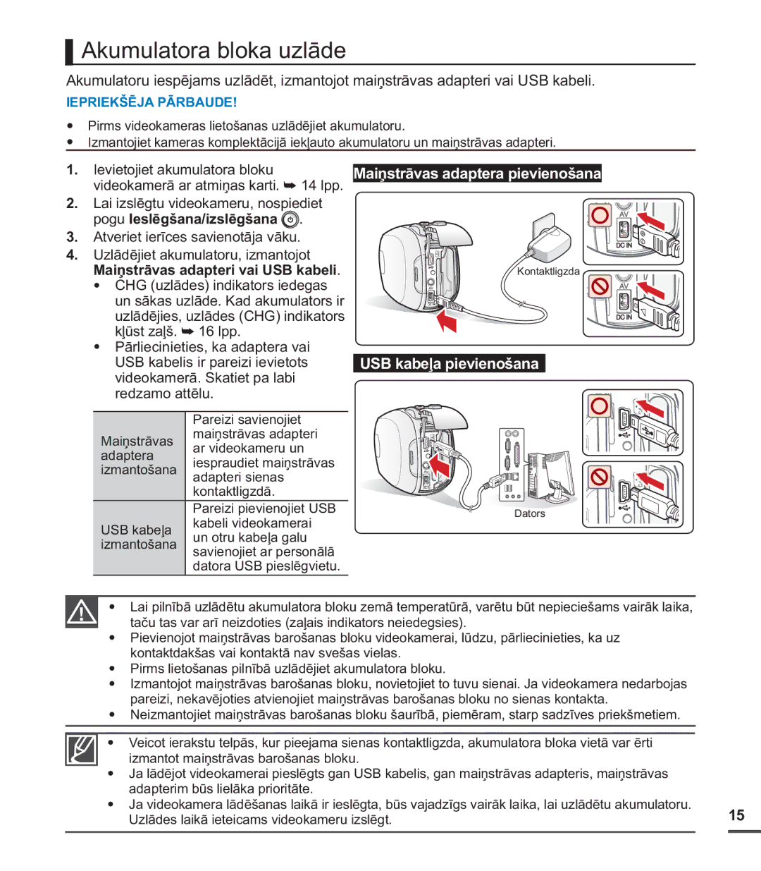 Samsung SMX-C20BP/XEB, SMX-C20BP/EDC Akumulatora bloka uzlāde, Maiņstrāvas adaptera pievienošana, USB kabeļa pievienošana 