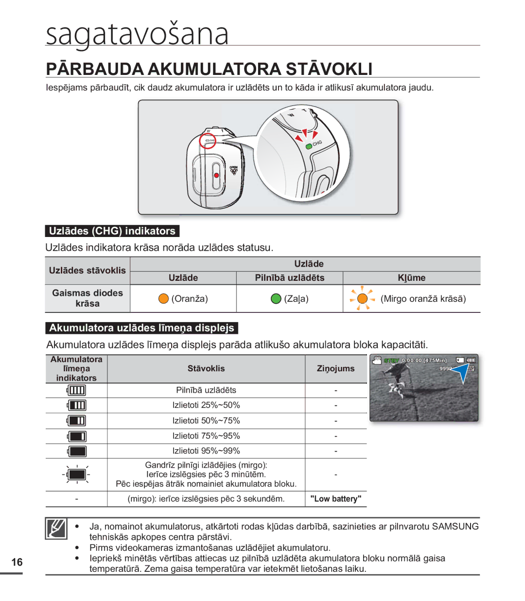 Samsung SMX-C20BP/EDC manual Pārbauda Akumulatora Stāvokli, Uzlādes CHG indikators, Akumulatora uzlādes līmeņa displejs 